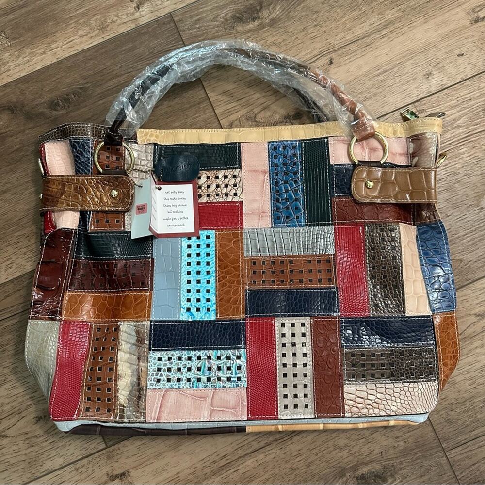 NWT! Chaos by Elsie Leather Tote Bag, Quilt Patchwork, Alligator Embossed, Large